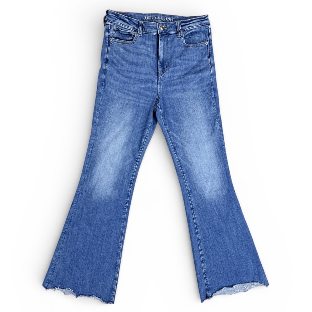 American Eagle High Rise Flare Jeans Raw Hem Medium Wash 10